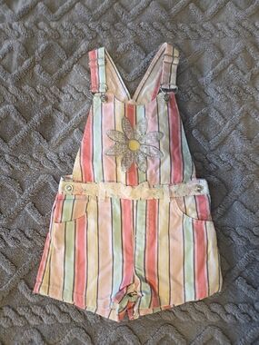 Size 5, Girls' Striped Floral Short Overalls - Multicolor W/ Silver Sequins